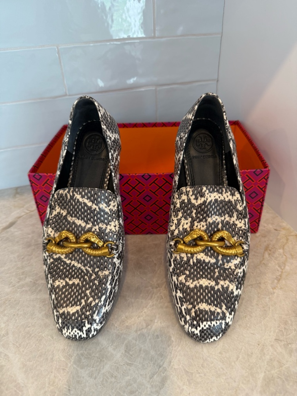 Tory Burch Black & White Patterned Loafers with Gold Chain